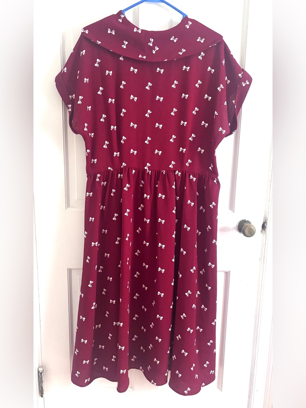 Collectif London Judy Bow Print Swing Dress NWT Burgundy Retro Collared XL UK 16 - Picture 2 of 10